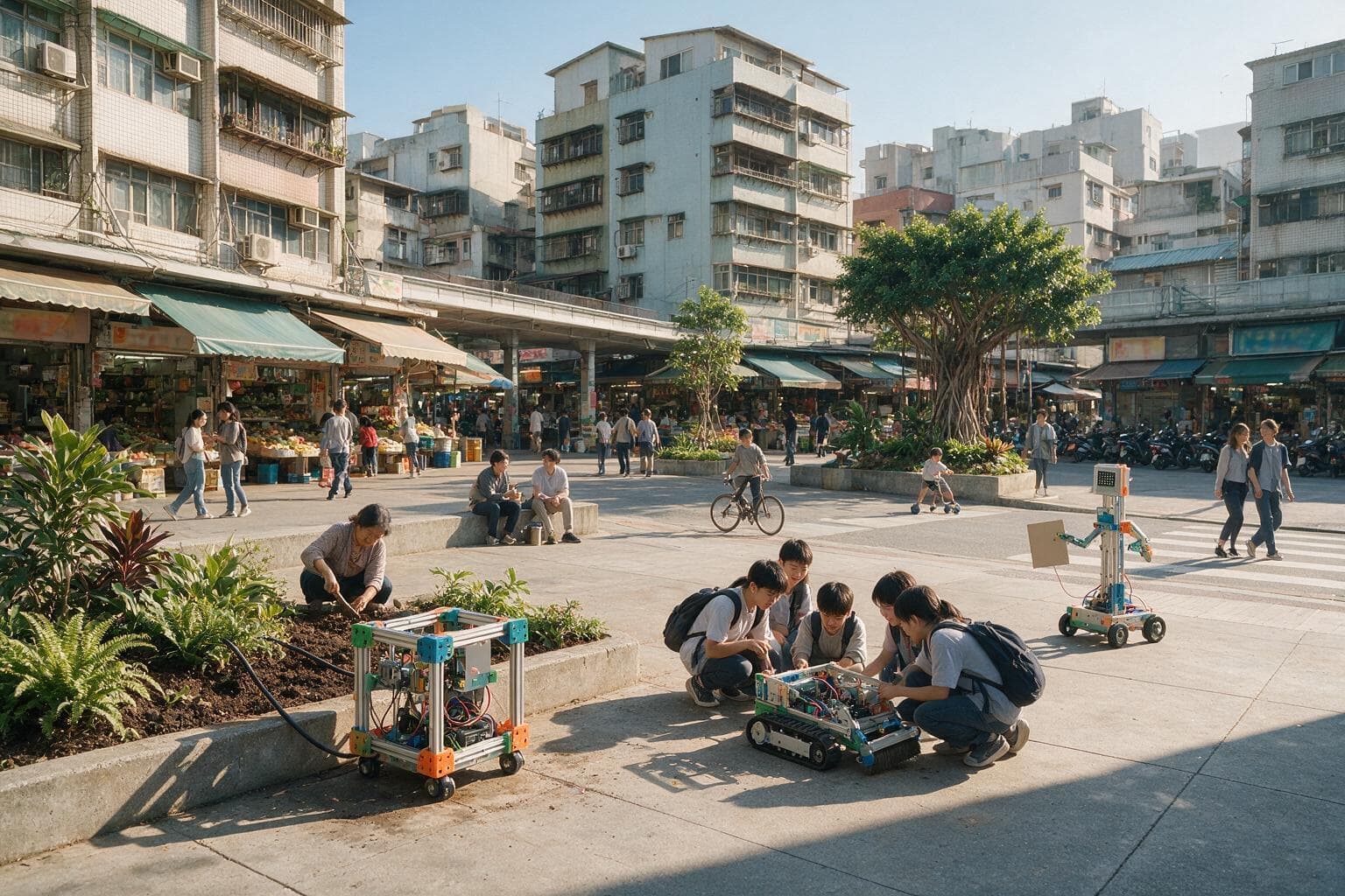 A busy market square in morning sun: students crouch around a small home-built robot, an older woman gardens beside another that waters a planting bed, and a third waits at the crossing.