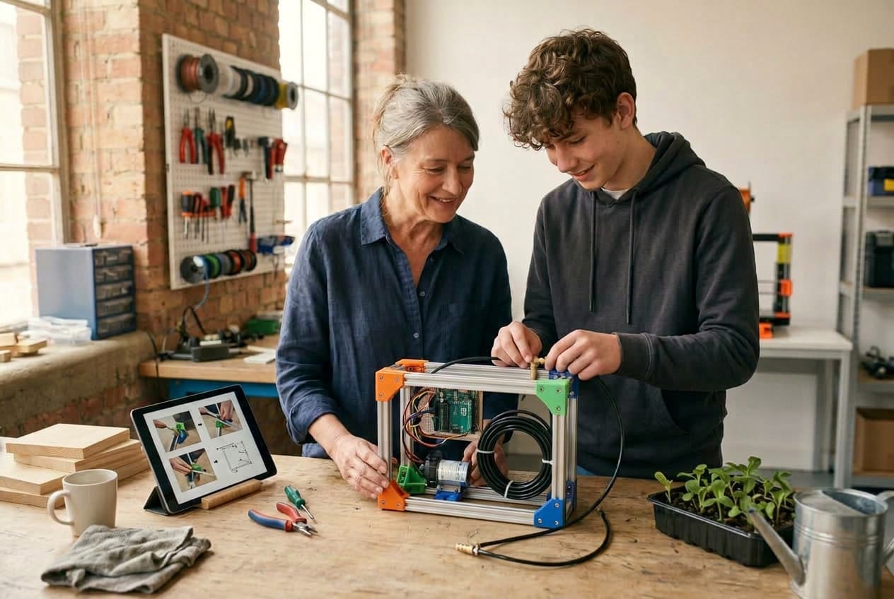 An older woman and a teenage boy assembling a small watering robot at a workshop bench, following a picture guide on a tablet.