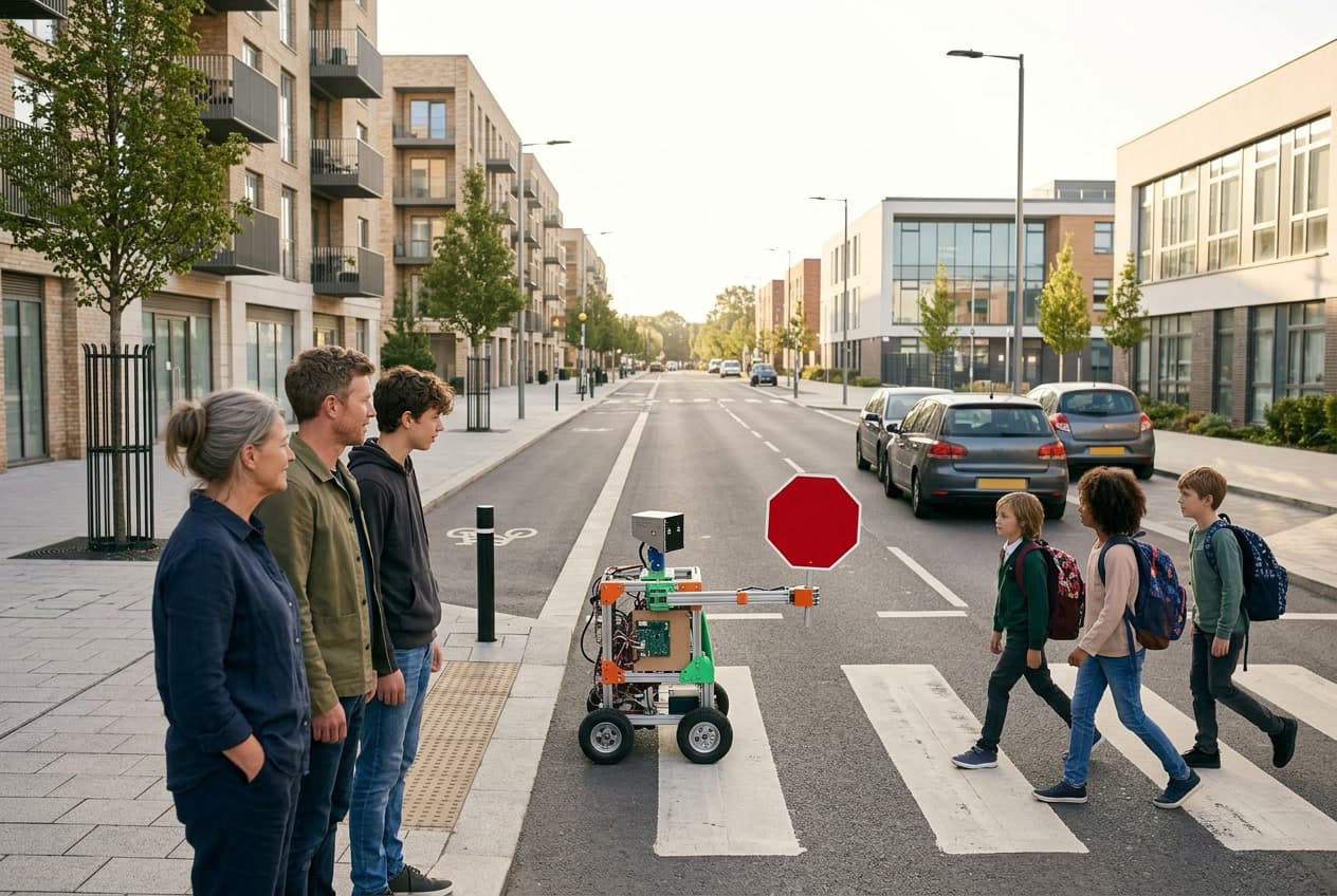 A home-built guardian robot holding a school crossing for children while two of its builders watch from the pavement.